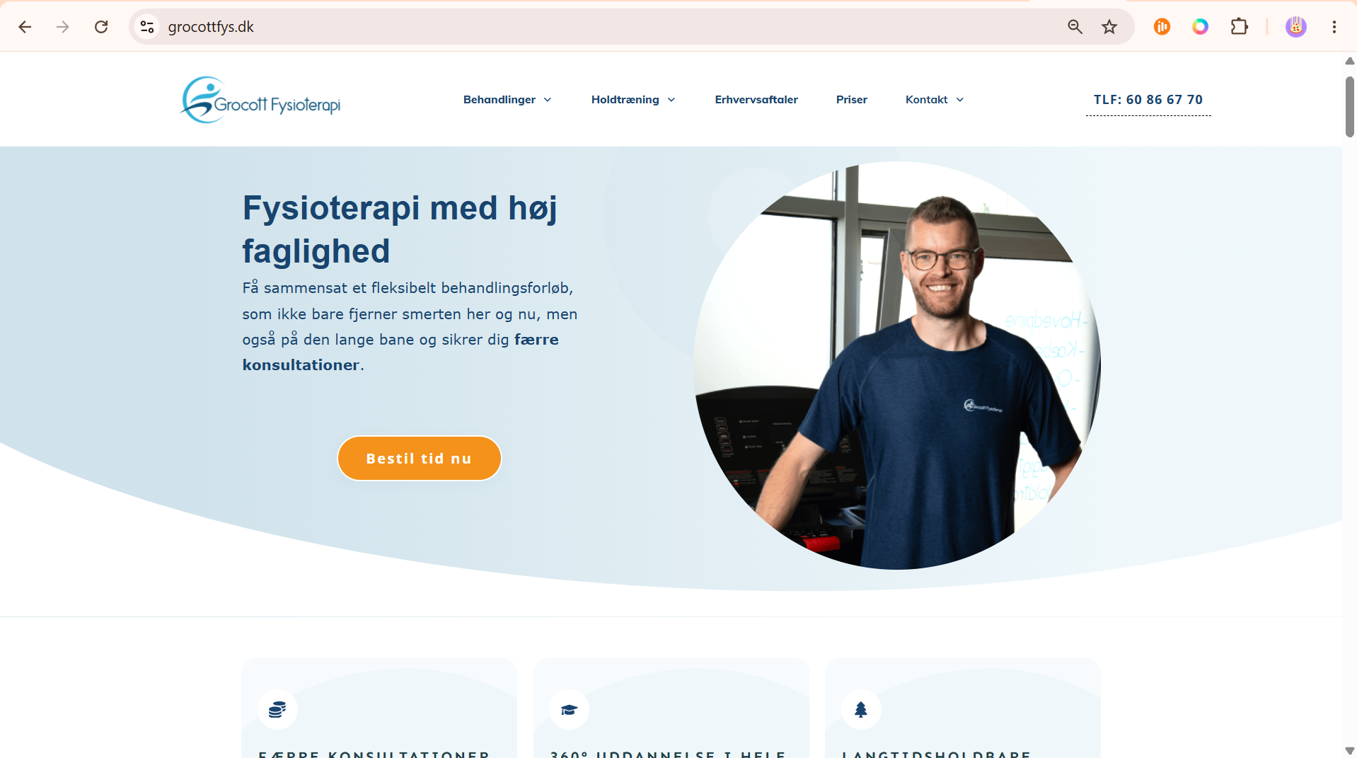 Forsiden på Grocott Fysioterapis oprindelige hjemmeside
